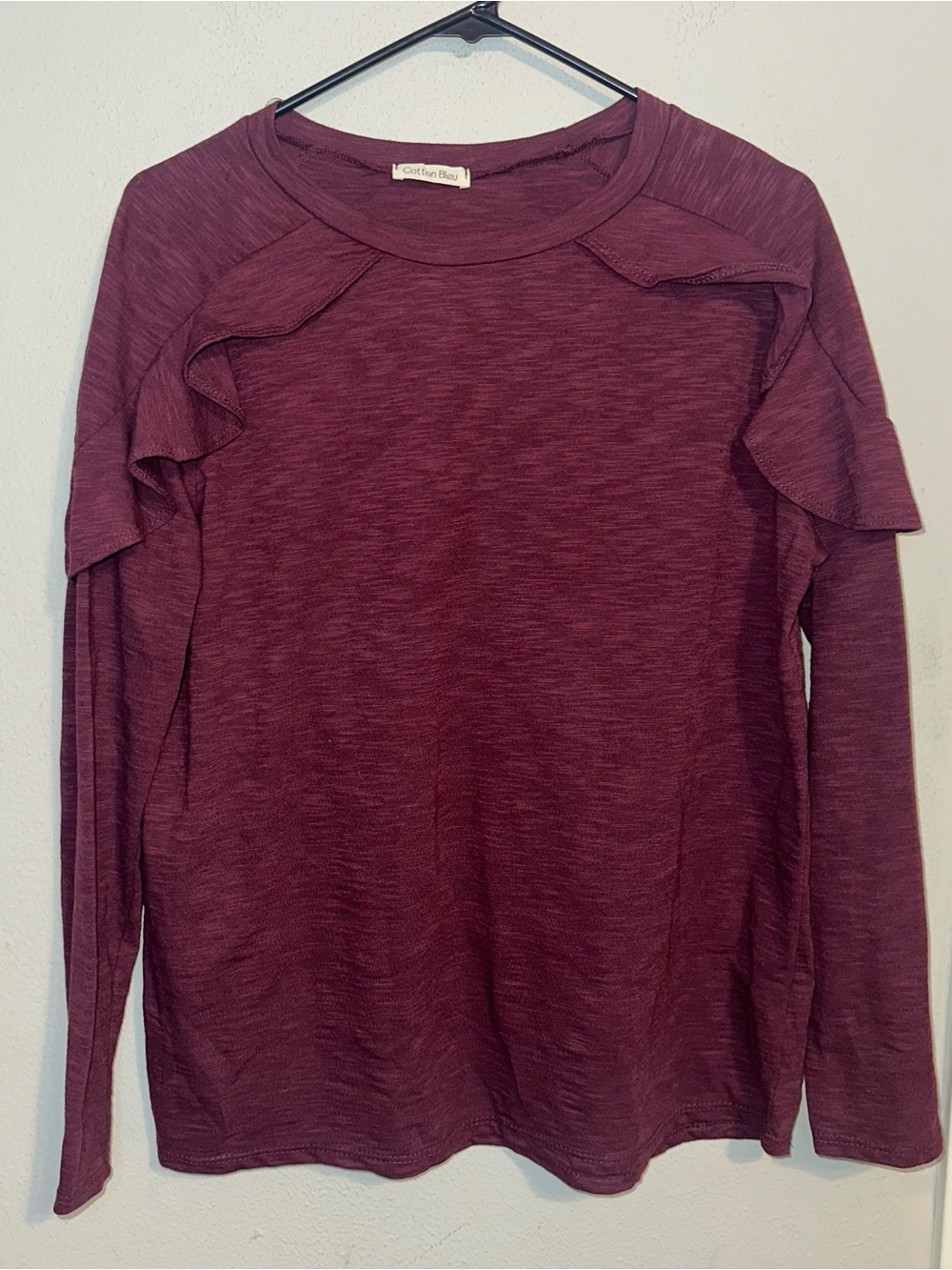 Cotton Bleu Maroon Long Sleeve Top Ruffle Sleeve